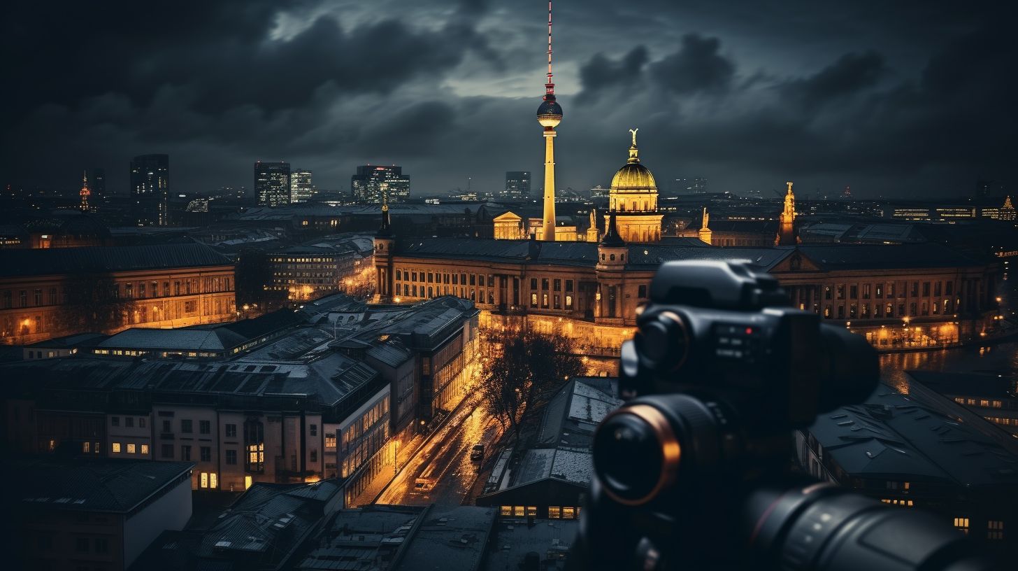 Nachtaufnahme Berliner Skyline mit beleuchteten Gebäuden und lebendiger Stadtbelauchtung.