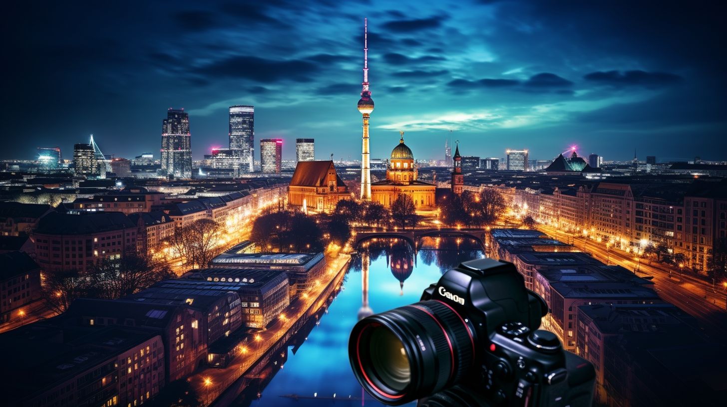 Nachtaufnahme Berliner Skyline mit beleuchteten Gebäuden und lebendiger Stadtbelauchtung.