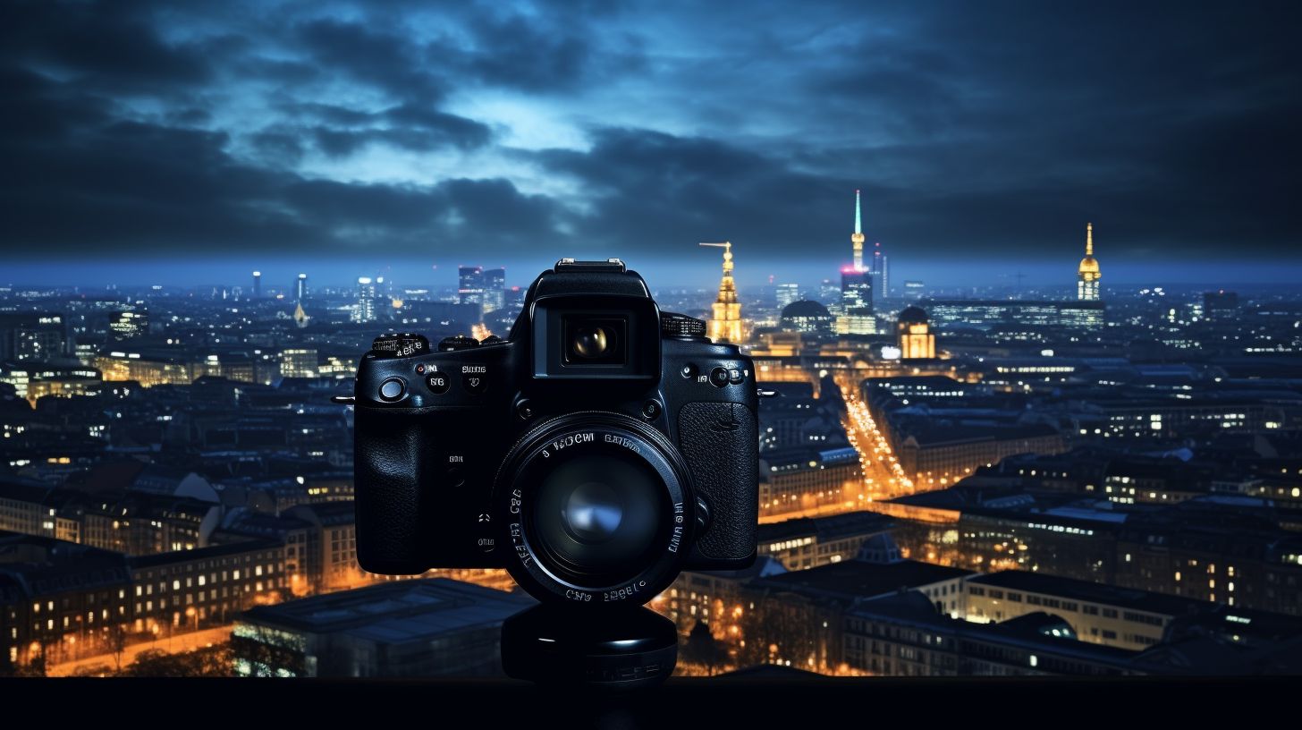 Nachtaufnahme Berliner Skyline mit beleuchteten Gebäuden und lebendiger Stadtbelauchtung.