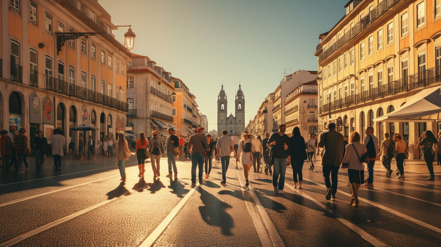 Eine Gruppe von Menschen erkundet die lebhaften Straßen von Lissabon.