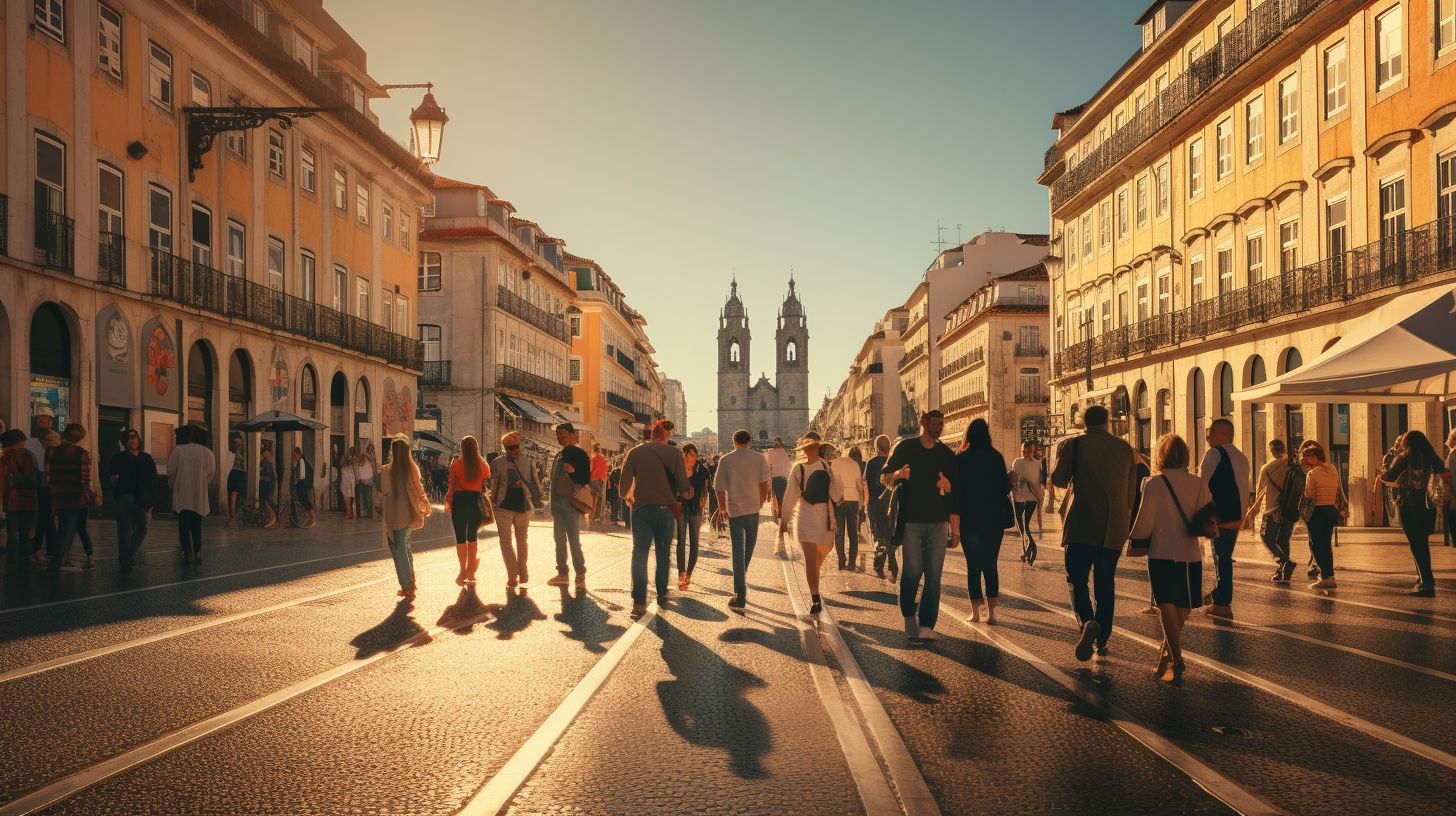 Eine Gruppe von Menschen erkundet die lebhaften Straßen von Lissabon.