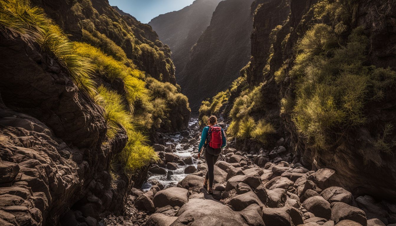 Ein Wanderer erkundet den engen Pfad des Barranco de Guayadeque.