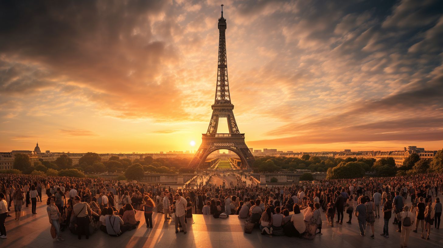 Die Eiffelturm bei Sonnenuntergang mit vielen Touristen.