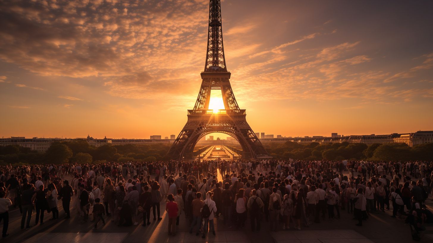 Die Eiffelturm bei Sonnenuntergang mit vielen Touristen.