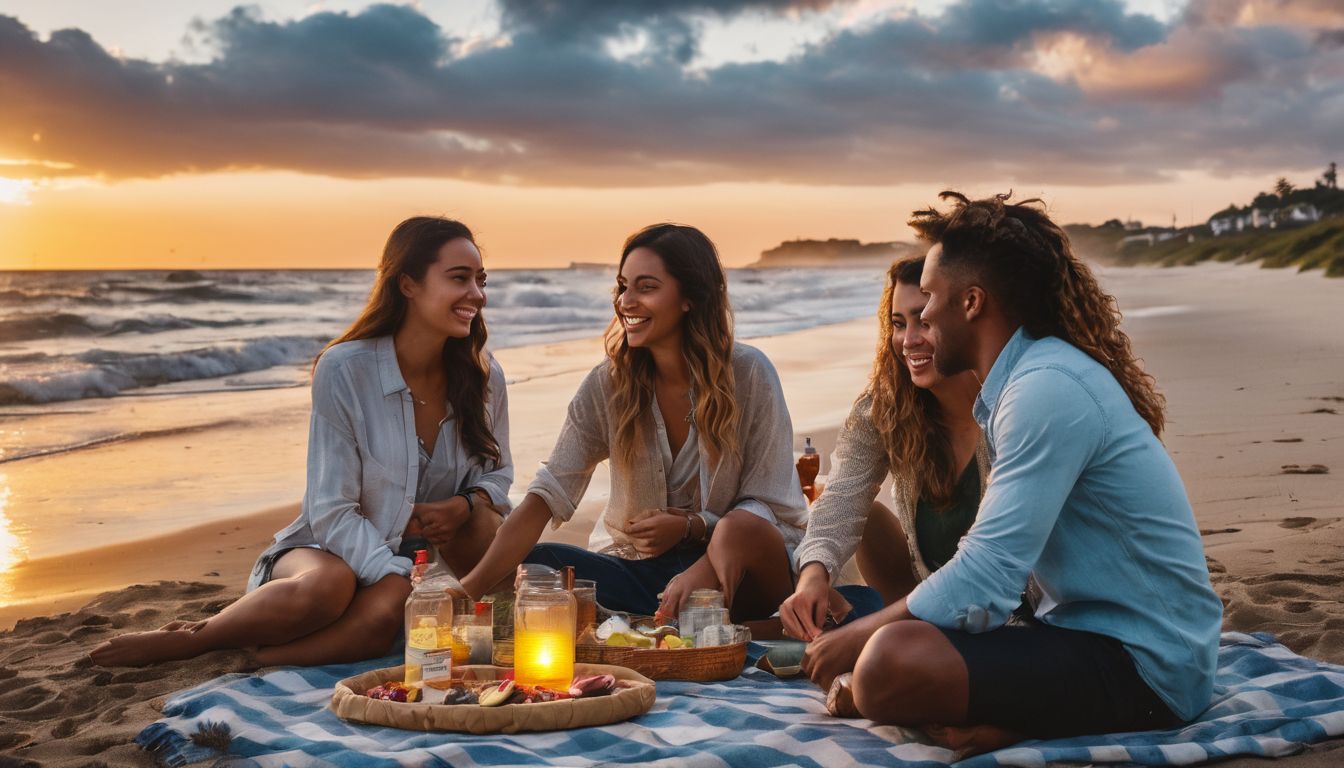 Freunde genießen ein Picknick am Strand bei Sonnenuntergang.