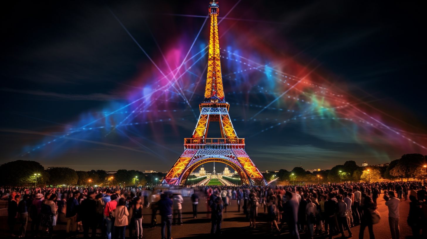 Das Bild zeigt die beleuchtete Eiffelturm bei Nacht mit Menschen.