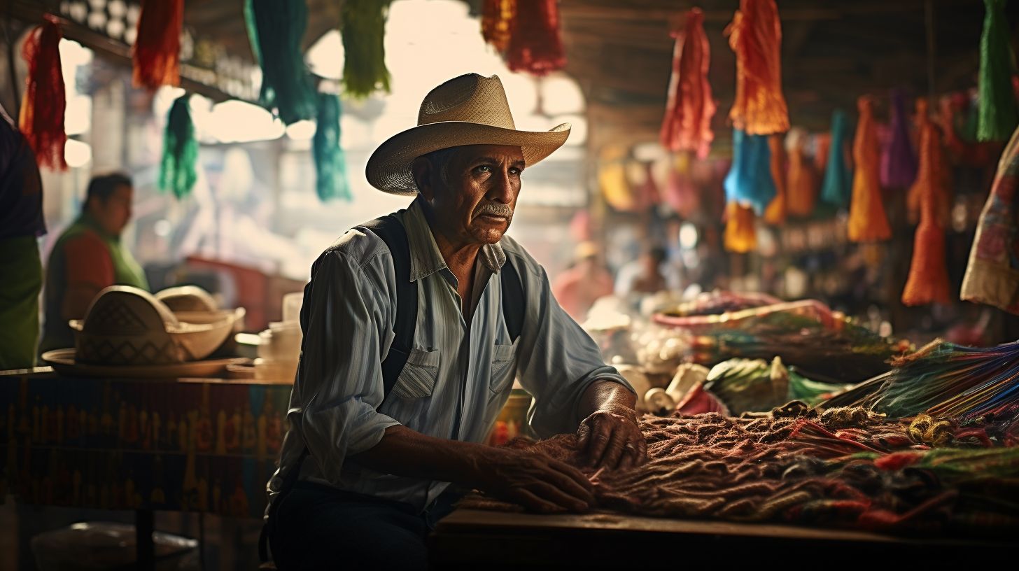 Eine Aufnahme eines geschäftigen Marktes in Mexiko mit bunten Ständen und traditionellem Handwerk.