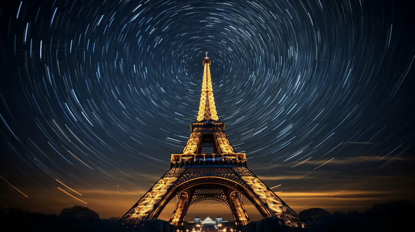 Ein atemberaubender Blick auf den beleuchteten Eiffelturm bei Nacht.