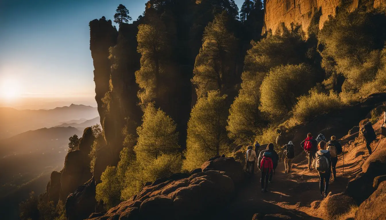 Foto von Roque Nublo Berg mit Wanderern und beeindruckender Aussicht.