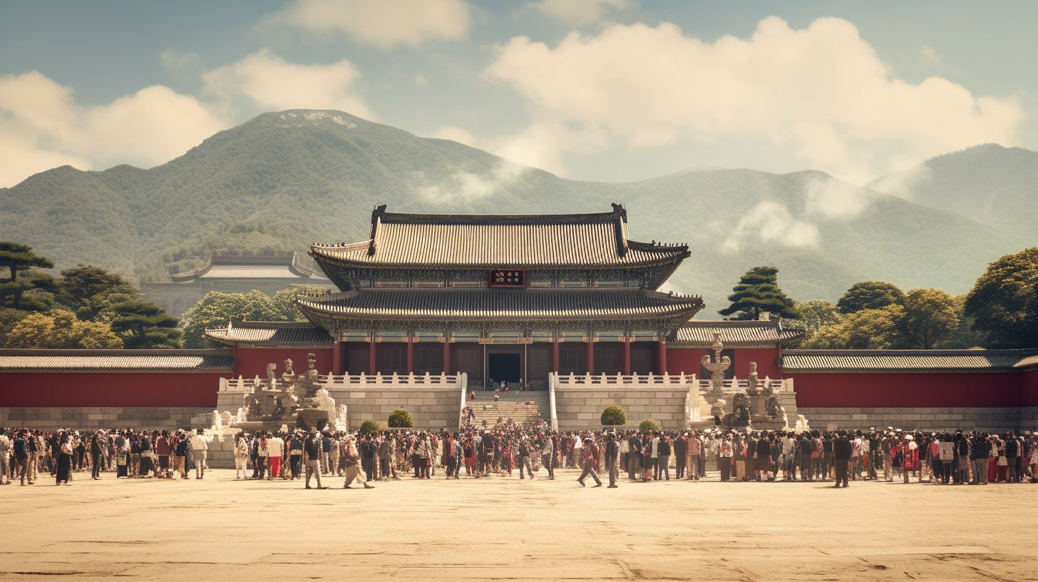 Eine Gruppe Touristen steht vor dem majestätischen Gyeongbokgung-Palast in Südkorea.