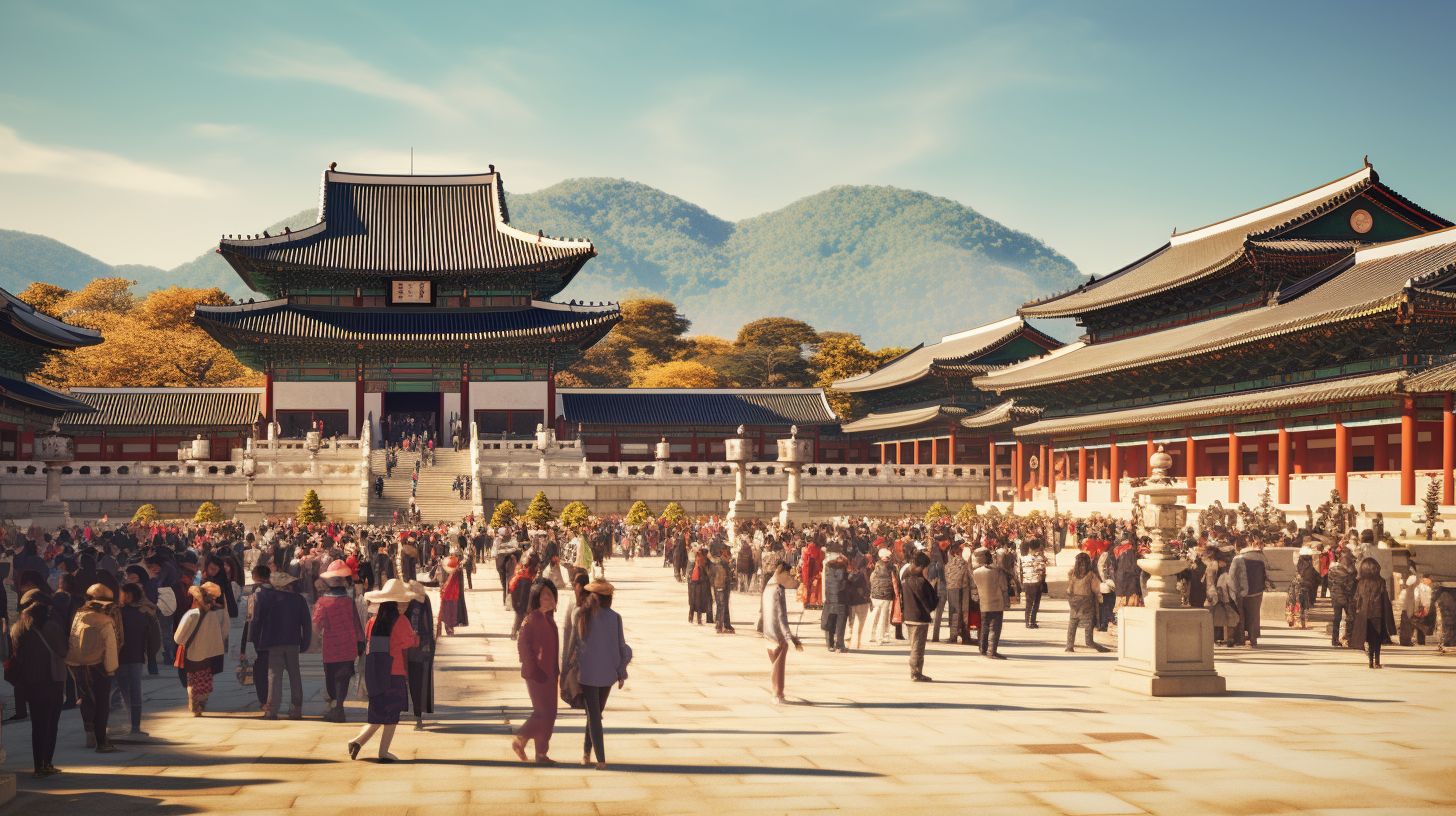 Eine Gruppe Touristen steht vor dem majestätischen Gyeongbokgung-Palast in Südkorea.
