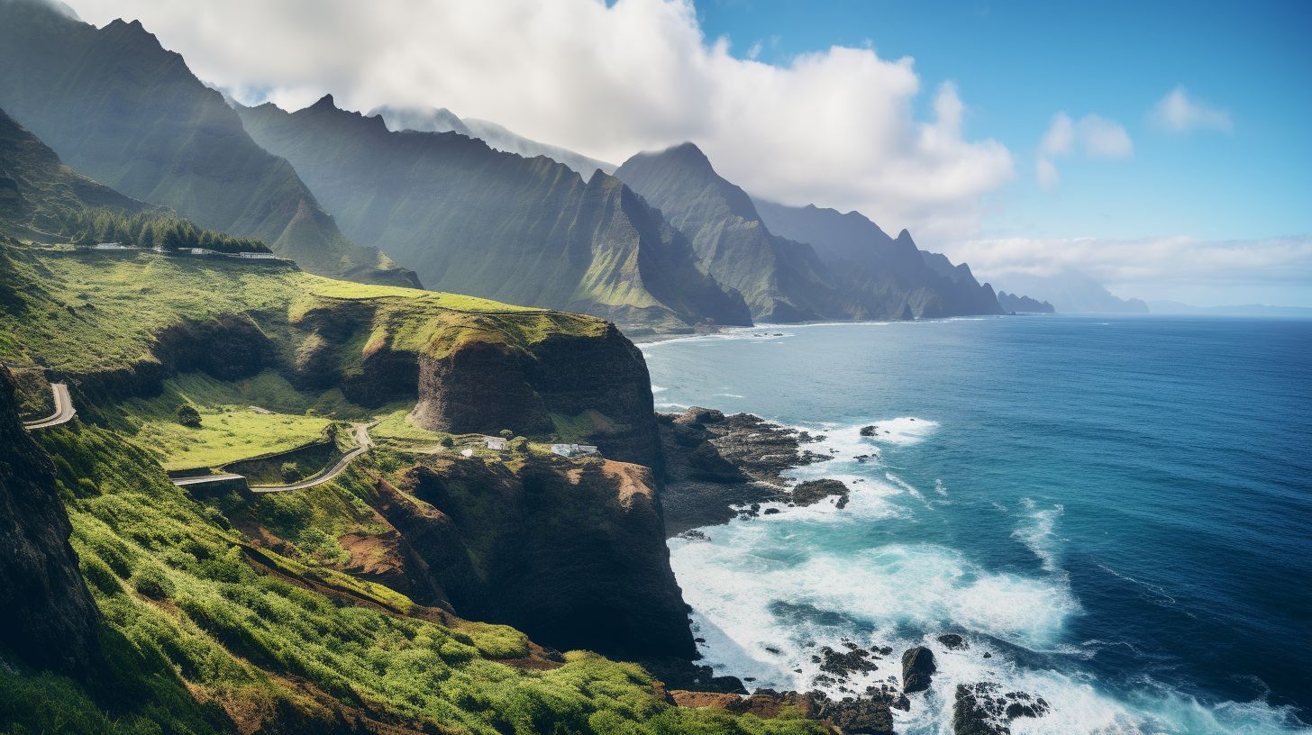 Eine Weitwinkel-Kamera wird verwendet, um die dramatischen Klippen und grünen Landschaften von Madeira in einer Panoramaansicht festzuhalten.