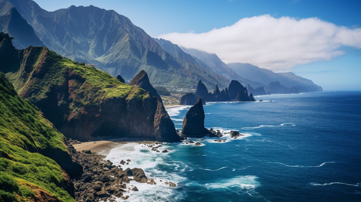 Eine Weitwinkel-Kamera wird verwendet, um die dramatischen Klippen und grünen Landschaften von Madeira in einer Panoramaansicht festzuhalten.