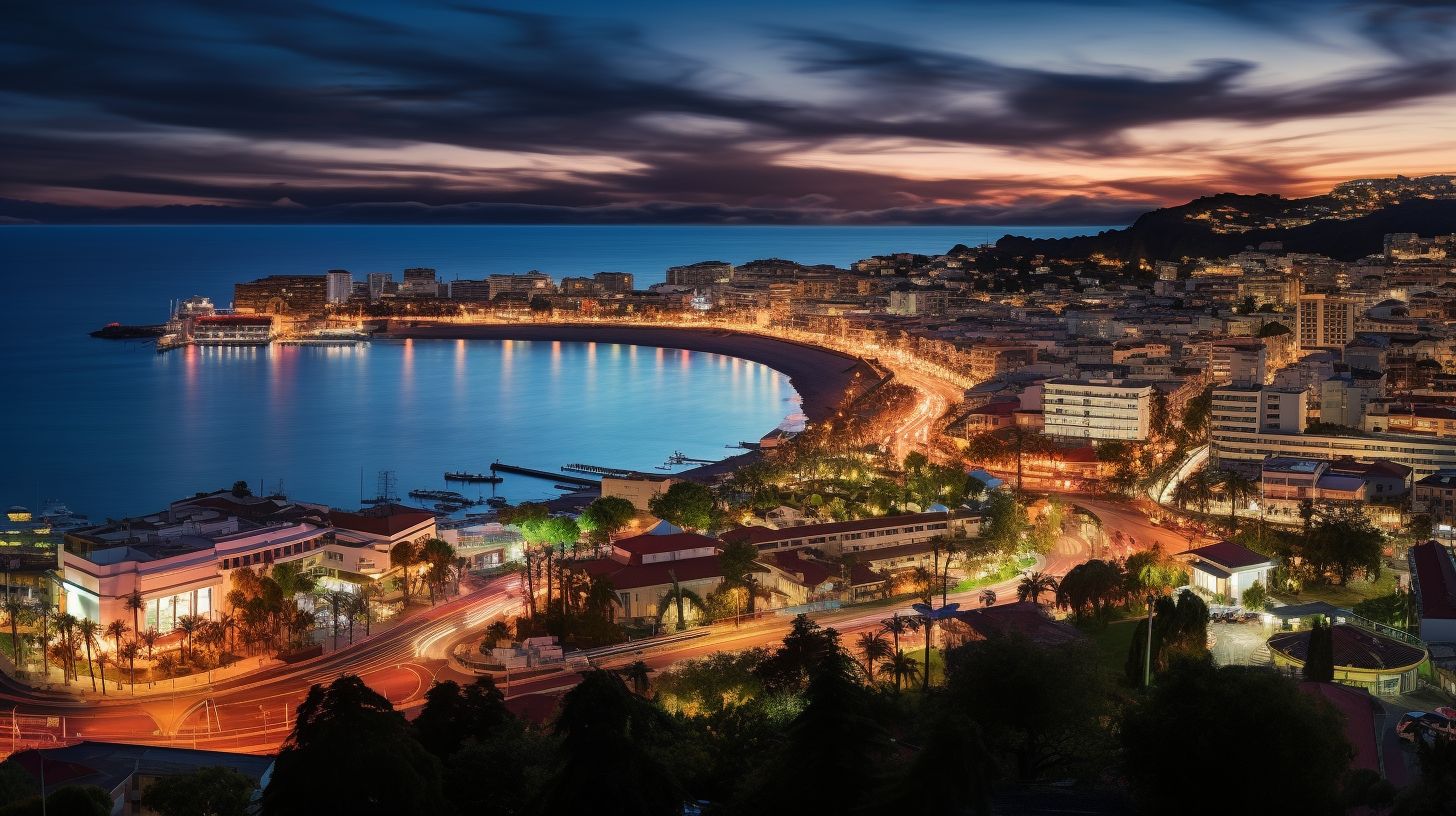 Die Foto zeigt das belebte Stadtbild von Funchal bei Nacht.