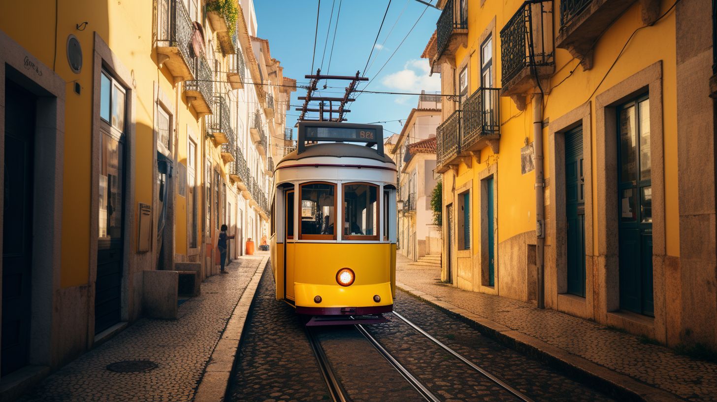 Ein gelber Straßenbahn fährt durch die engen Gassen von Alfama.