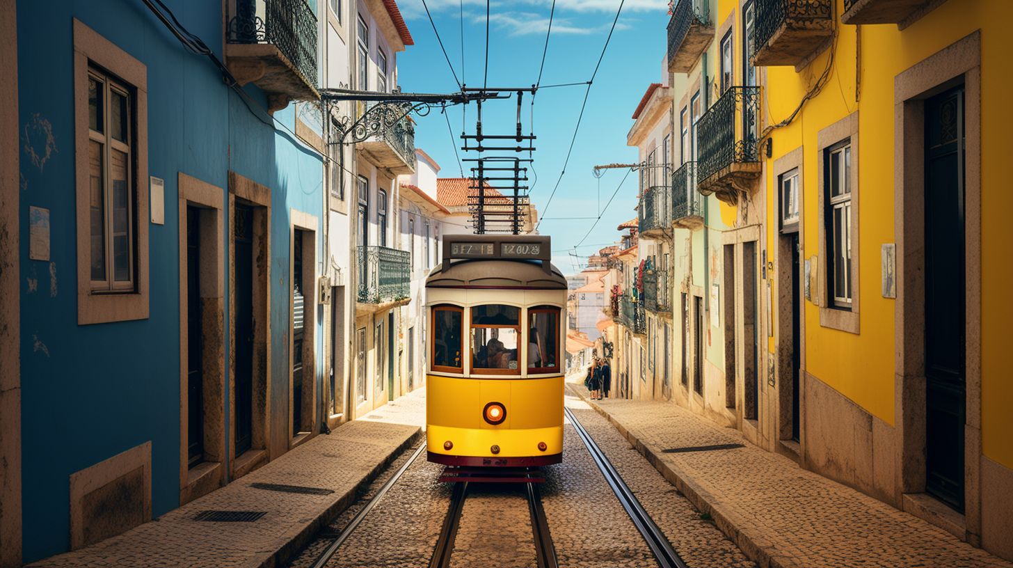 Ein gelber Straßenbahn fährt durch die engen Gassen von Alfama.