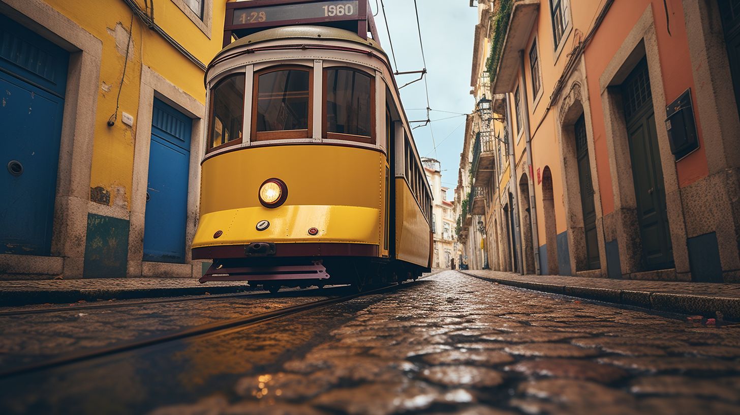 Ein gelber Straßenbahn fährt durch die engen Gassen von Alfama.