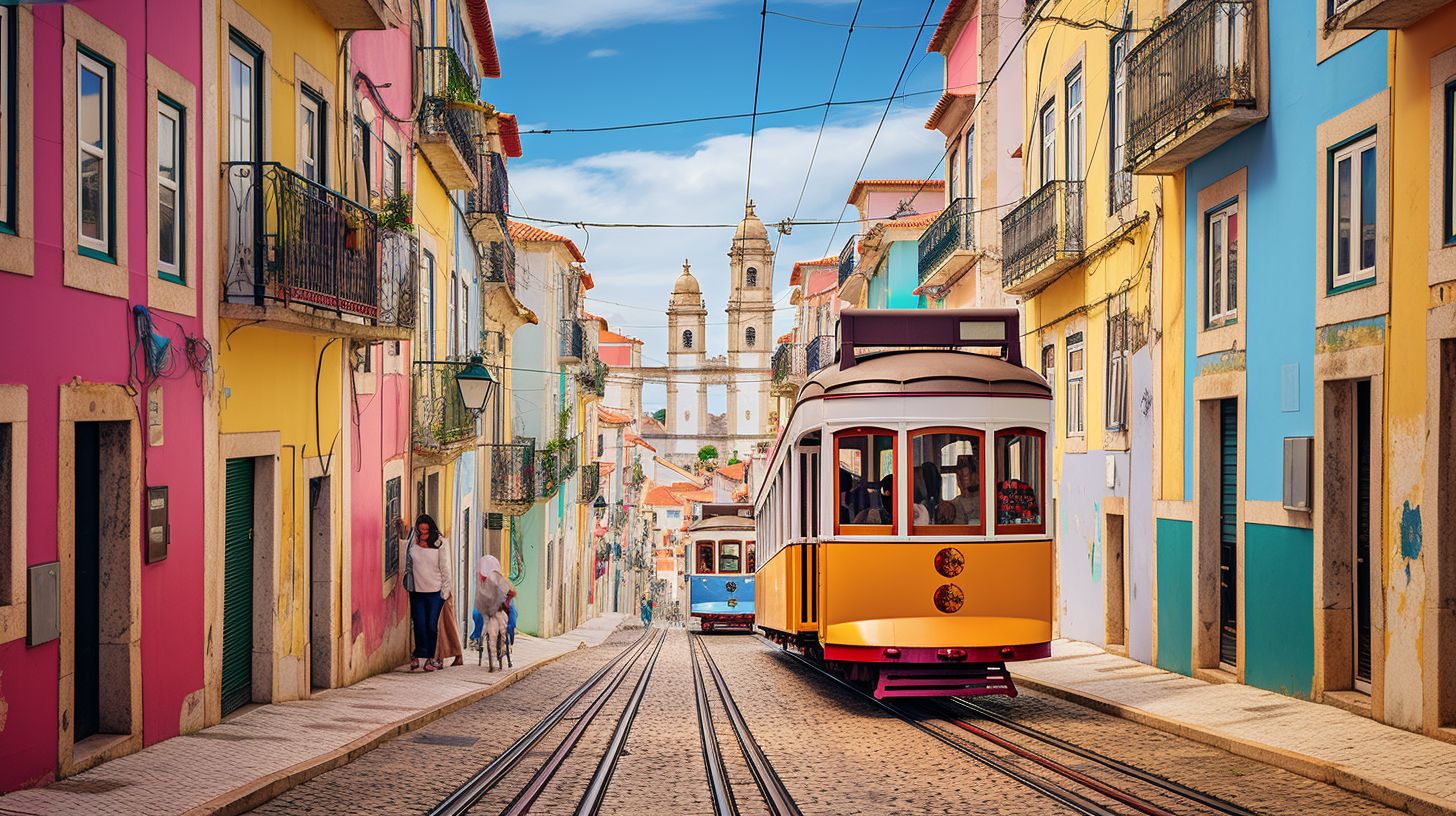 Das Bild zeigt eine bunte Architektur im Alfama-Viertel mit Straßenbahnen.