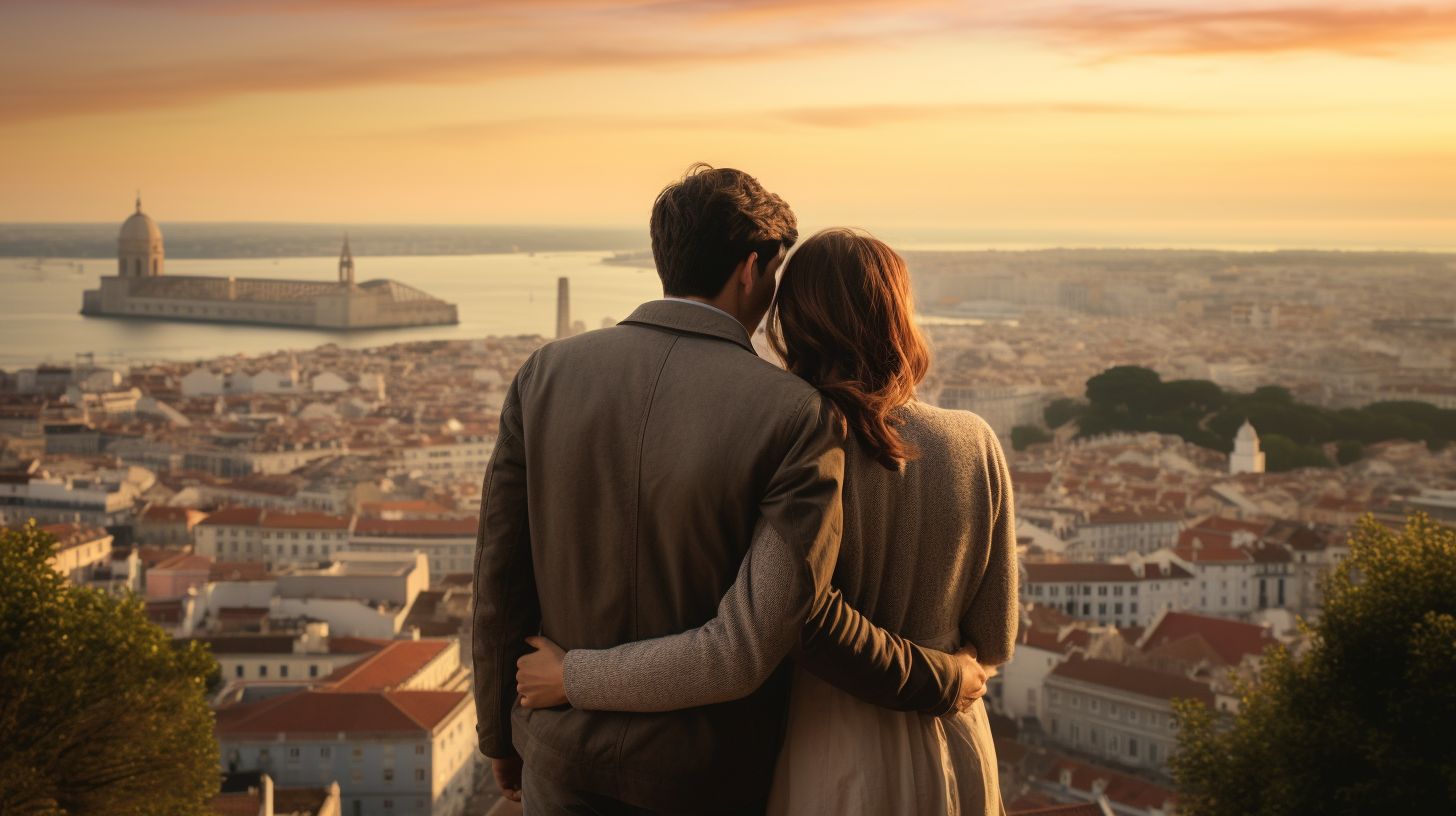 Ein Paar umarmt sich vor der malerischen Stadtansicht von Lissabon.