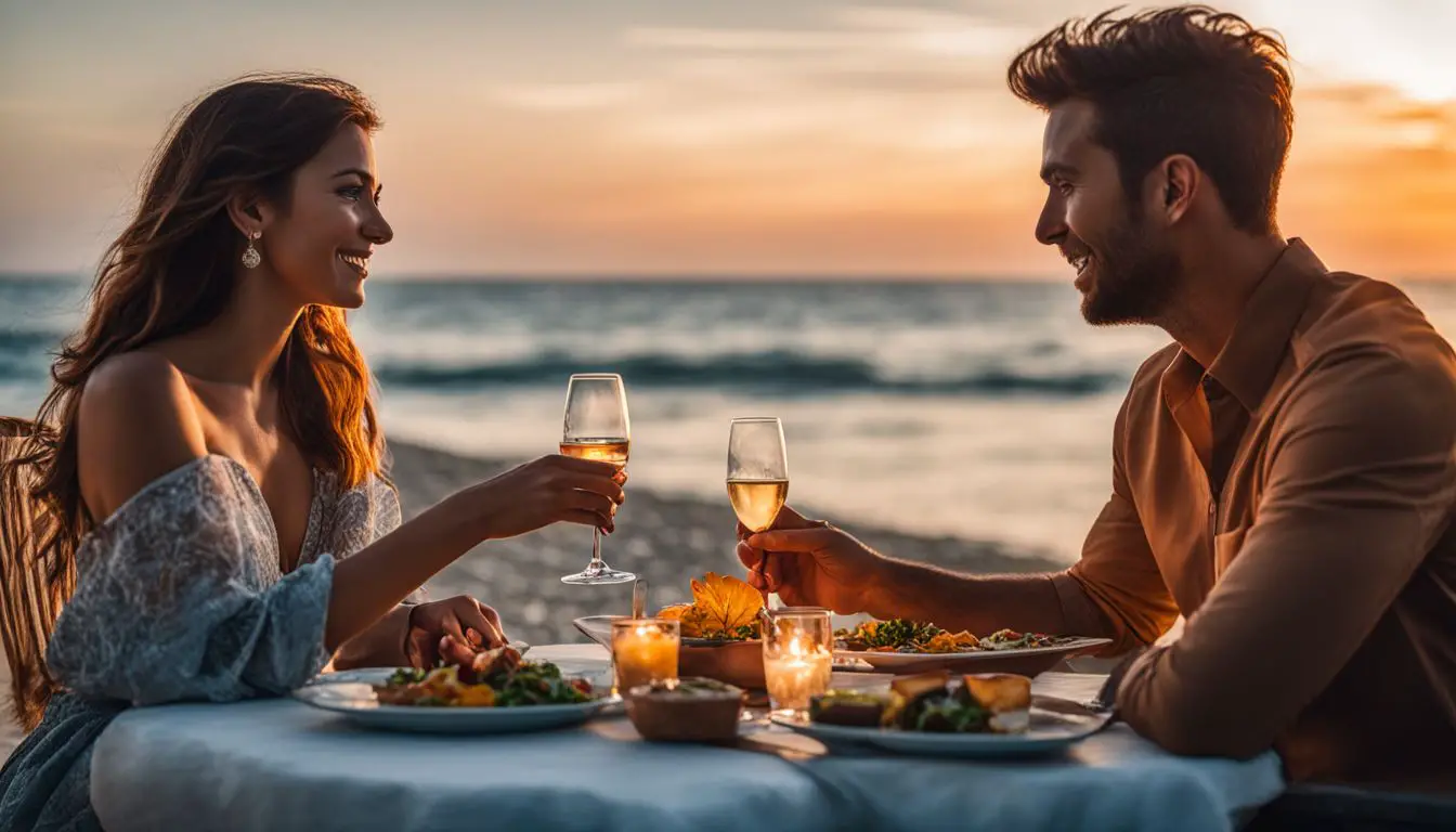 Ein Paar genießt ein romantisches Abendessen beim Sonnenuntergang am Strand.