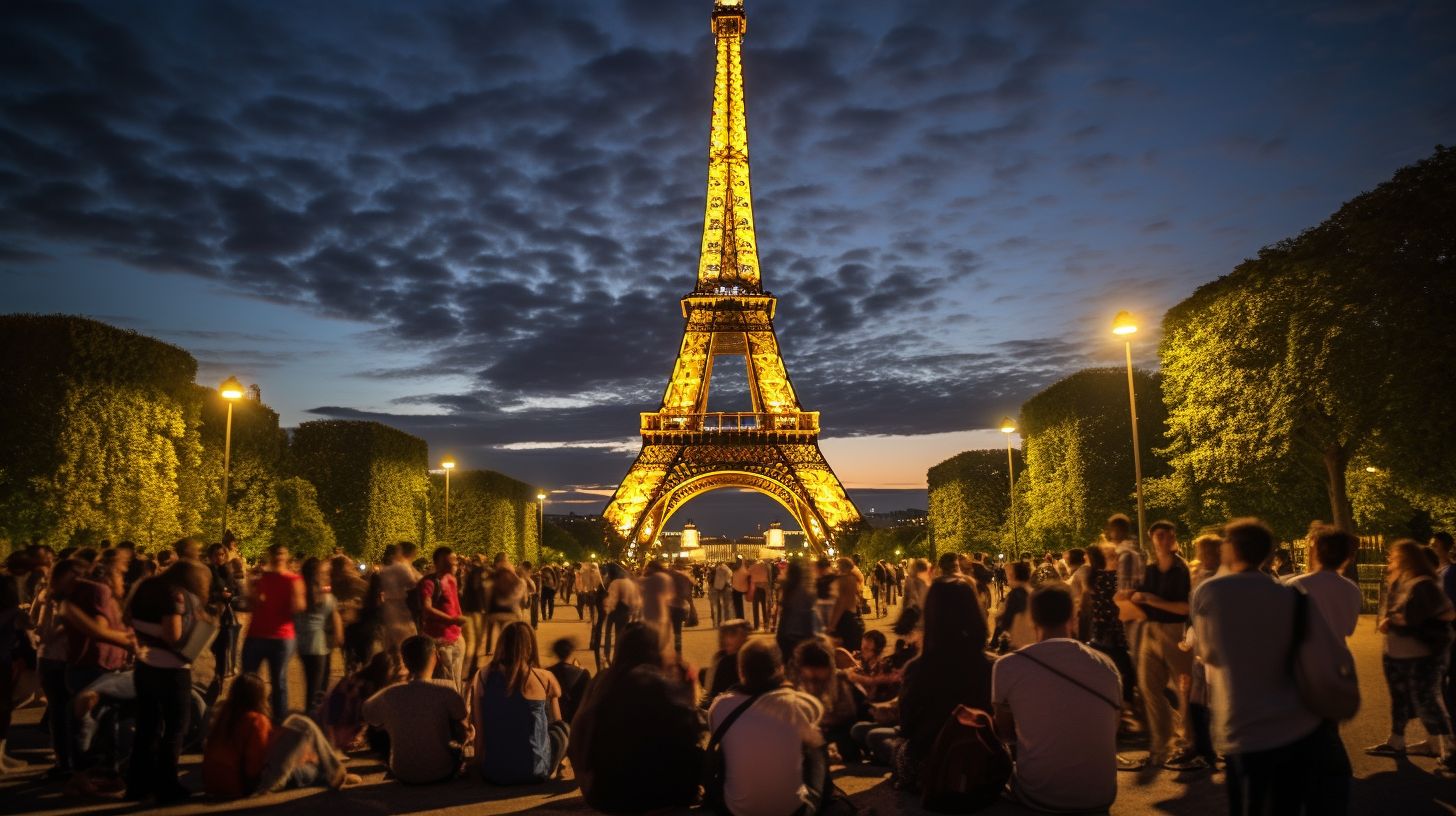 Ein Foto der beleuchteten Eiffelturm bei Nacht mit einer Touristengruppe.