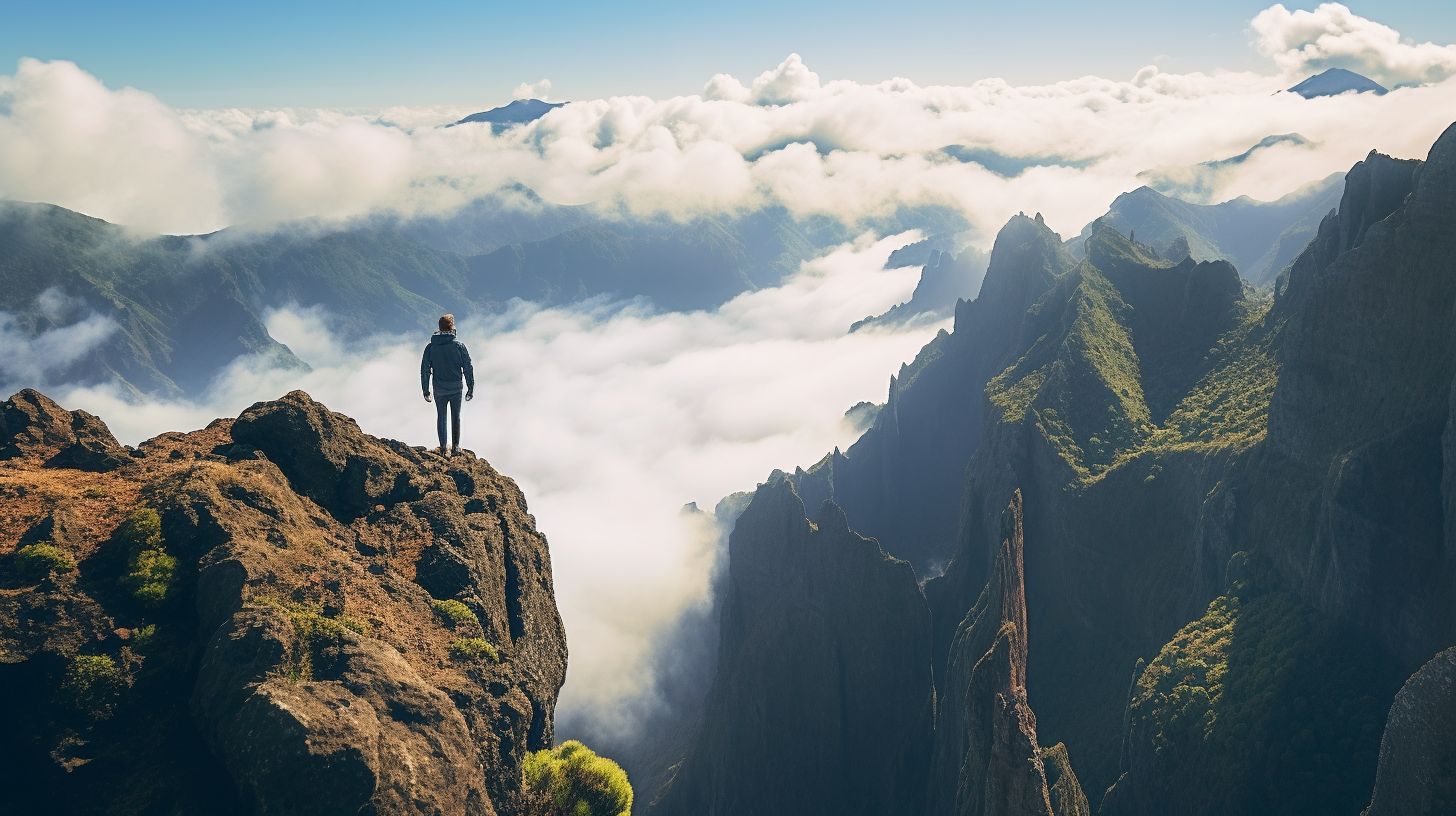 Ein Wanderer steht auf einer majestätischen Klippe in Madeira und betrachtet die atemberaubende Landschaft.