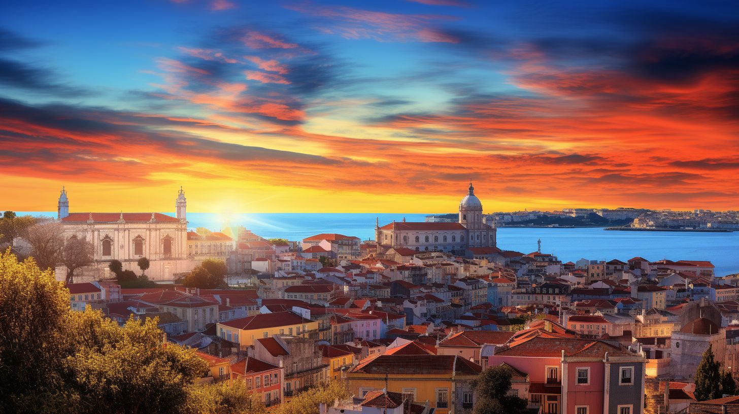 Ein Panoramablick auf die Skyline von Lissabon bei Sonnenuntergang.