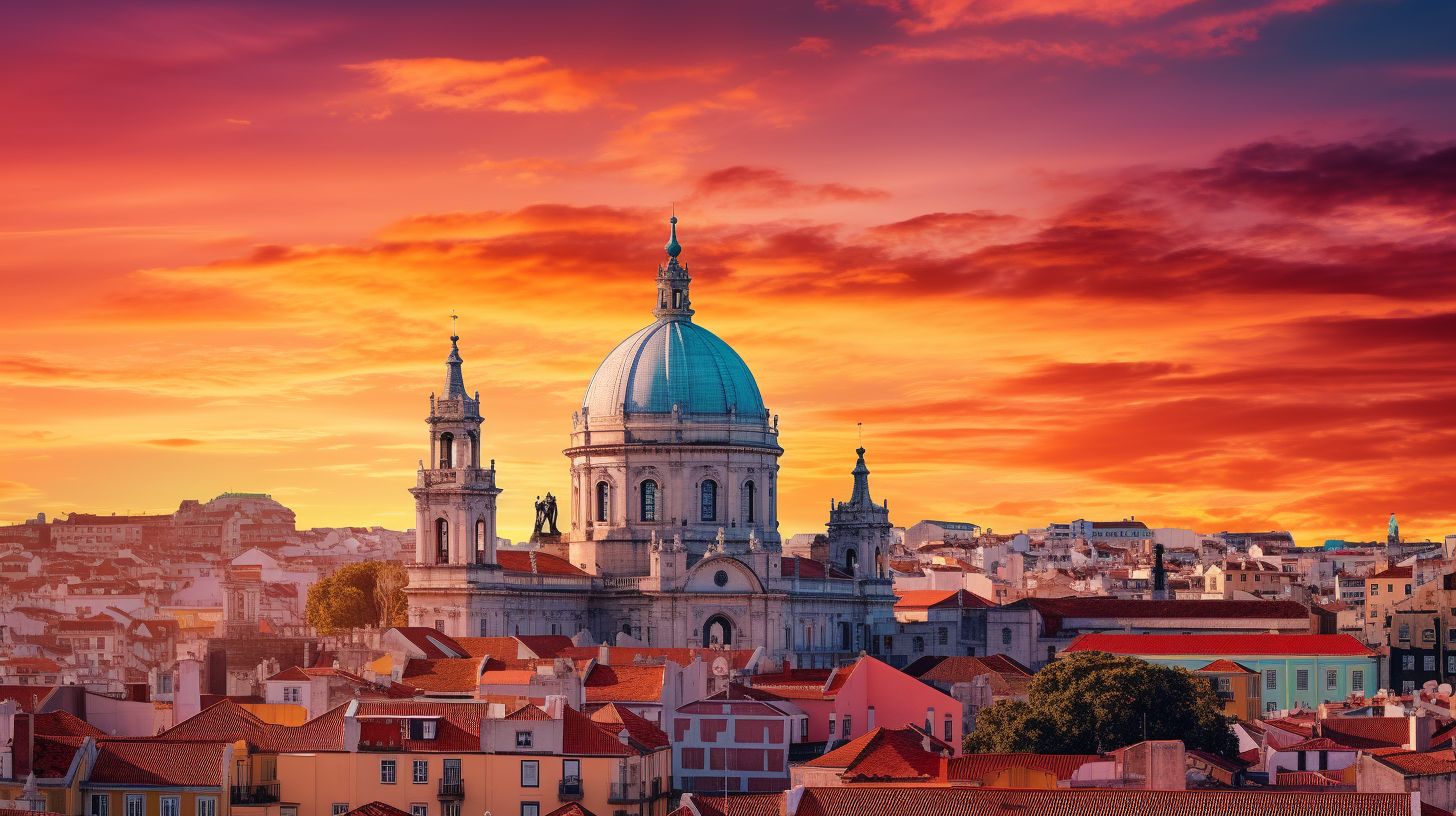 Ein Panoramablick auf die Skyline von Lissabon bei Sonnenuntergang.