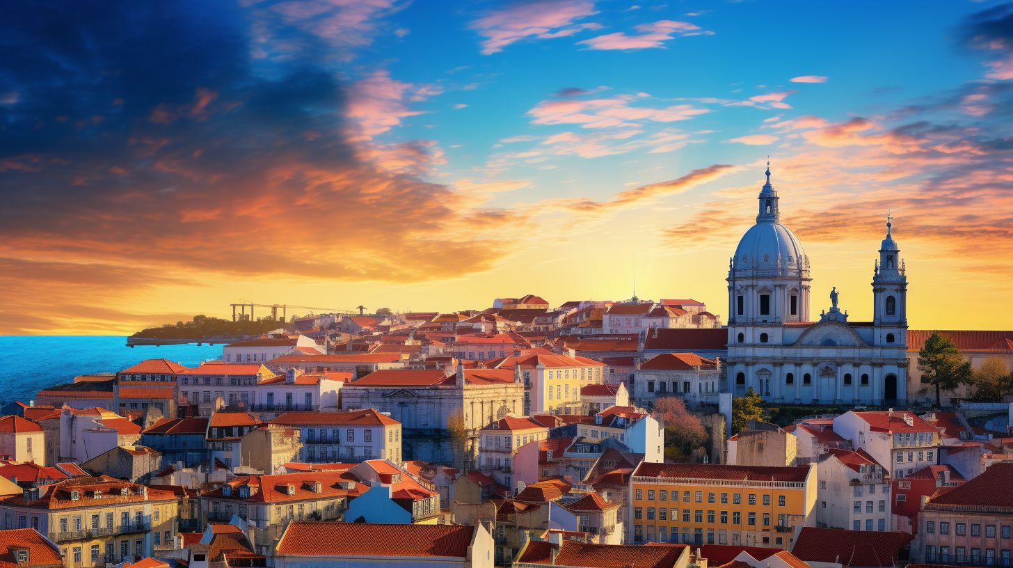 Ein Panoramablick auf die Skyline von Lissabon bei Sonnenuntergang.