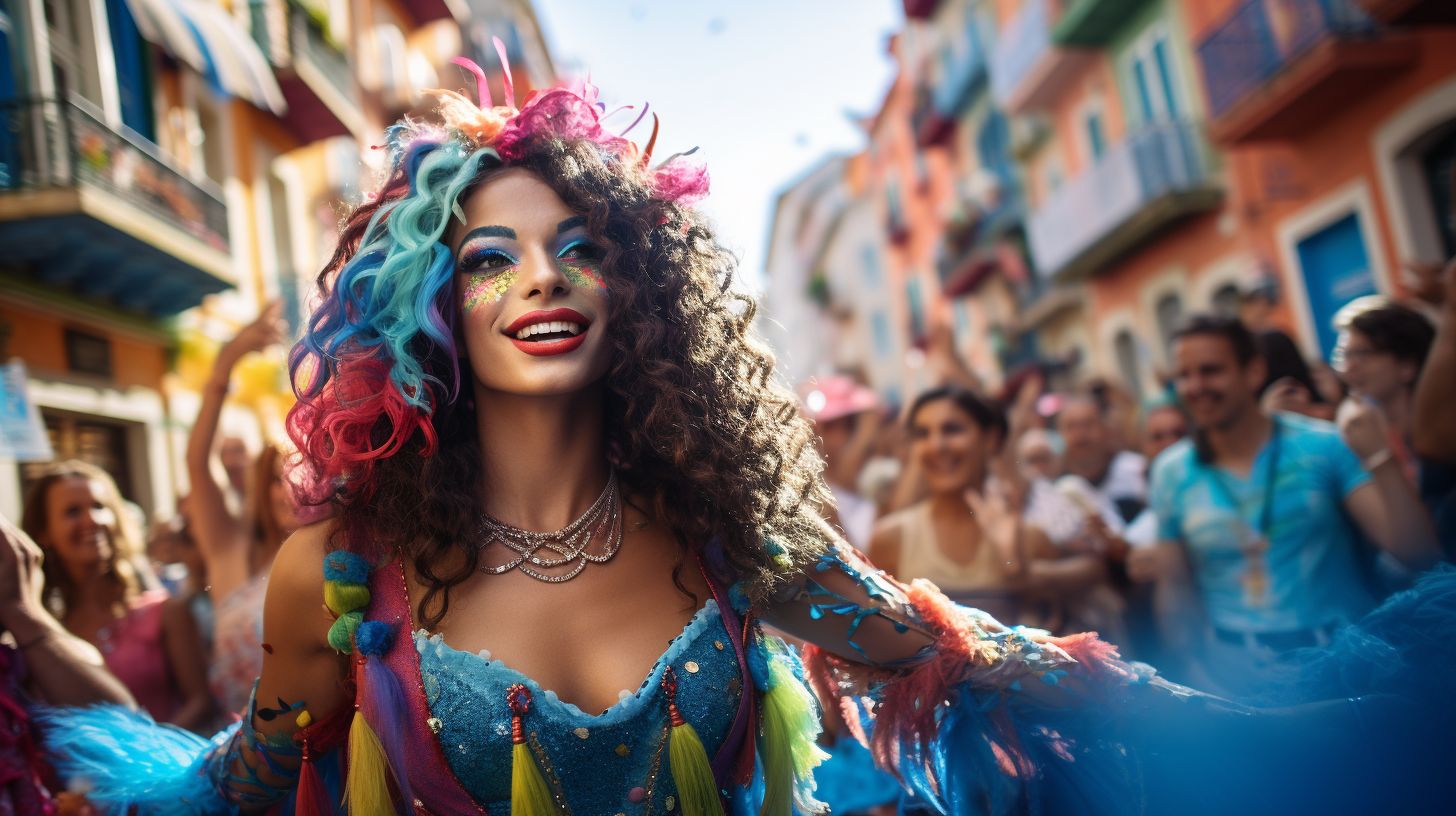 Ein farbenfroher Straßenumzug während des lebhaften Karnevals auf Madeira.