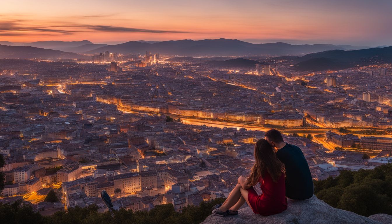 Blick auf Stadt bei Sonnenuntergang mit verschiedenen Personen und Outfits.