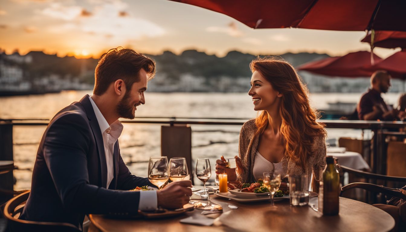 Ein romantisches Abendessen bei Sonnenuntergang in einem Restaurant am Wasser.