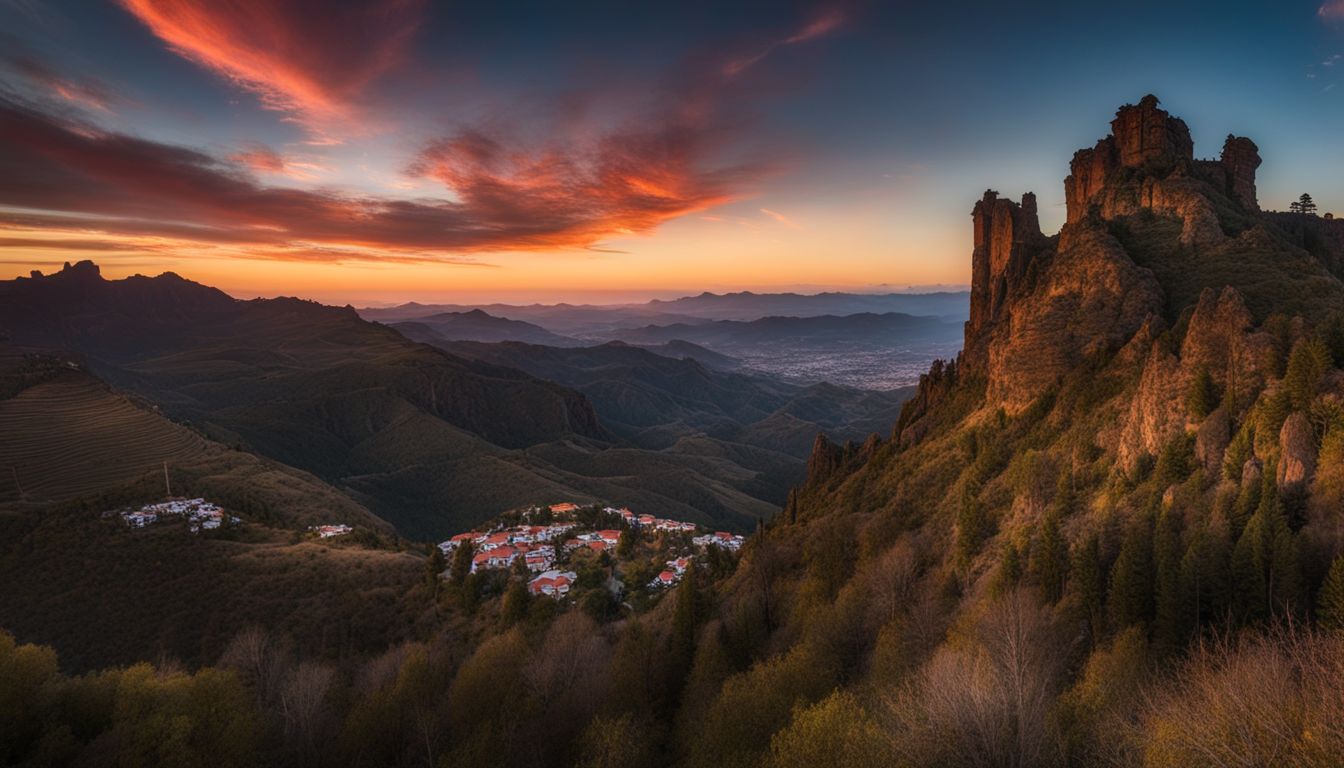 Ein beeindruckender Sonnenuntergang über dem Roque Nublo Gipfel mit der malerischen Stadt Villa de Tejeda im Vordergrund.