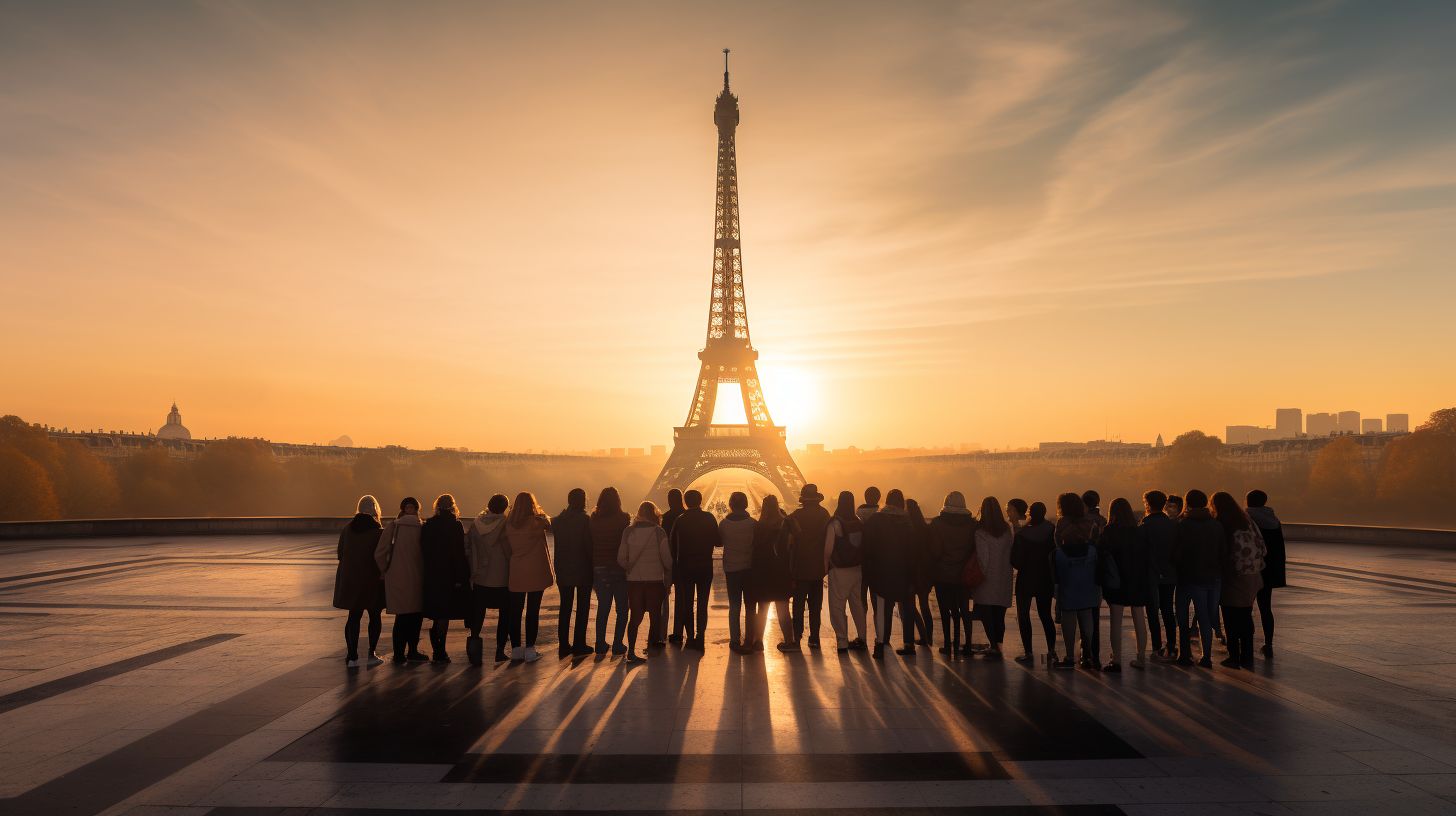 Eine Gruppe Touristen vor dem Sonnenaufgang am Eiffelturm.