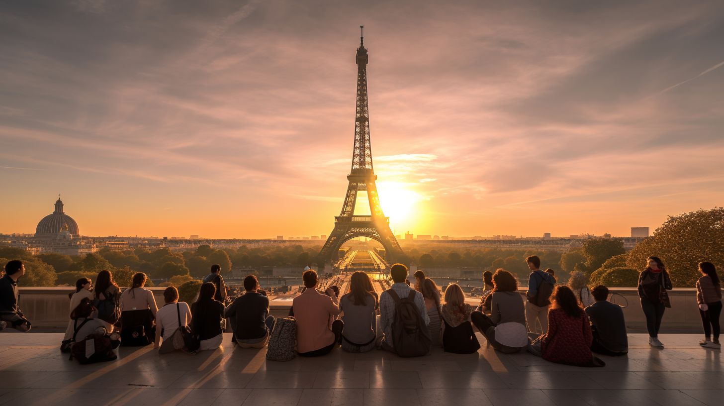 Eine Gruppe Touristen vor dem Sonnenaufgang am Eiffelturm.