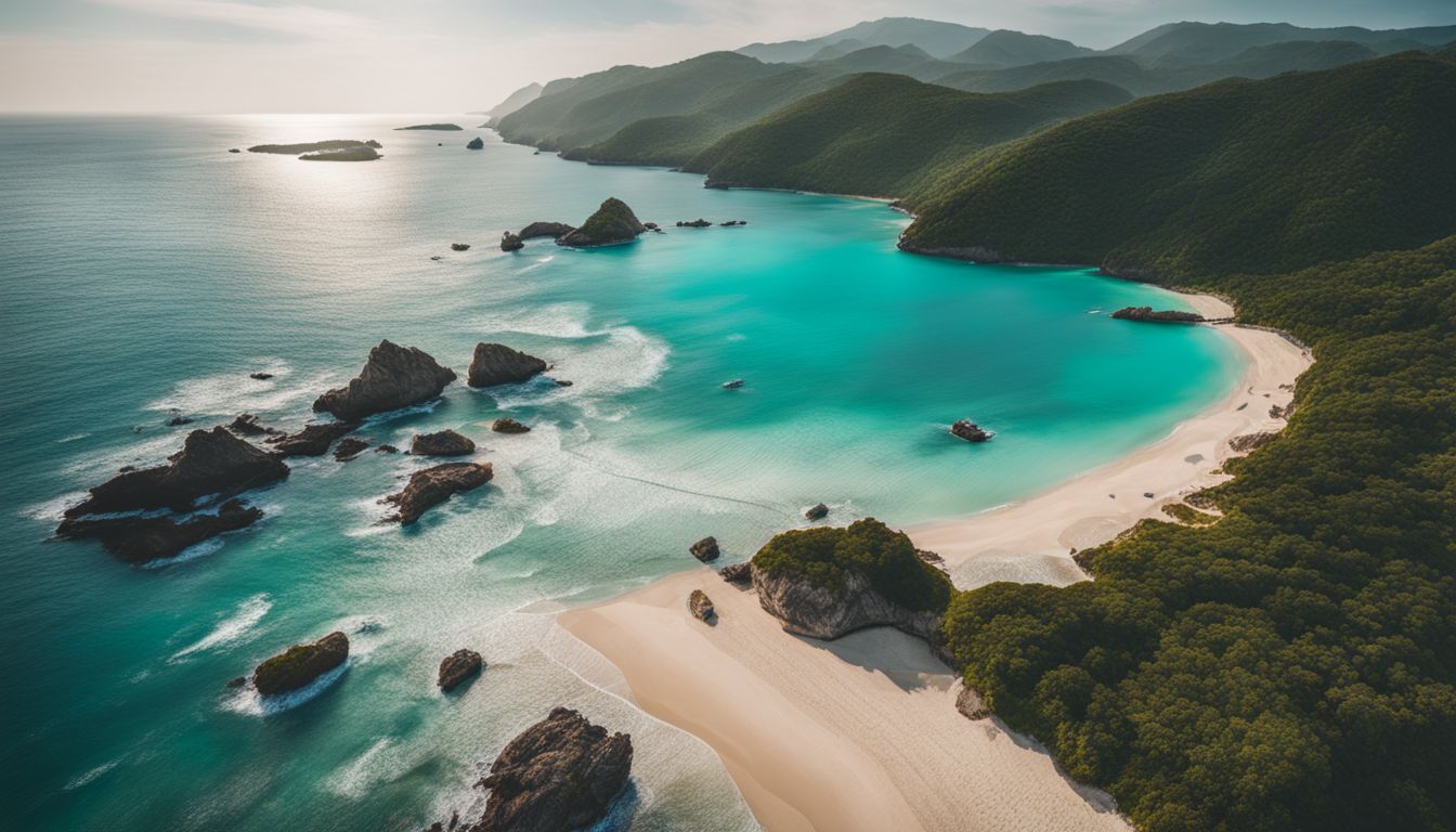 Ein Foto von einem wunderschönen Strand mit türkisfarbenem Wasser und üppiger Küstenlandschaft.