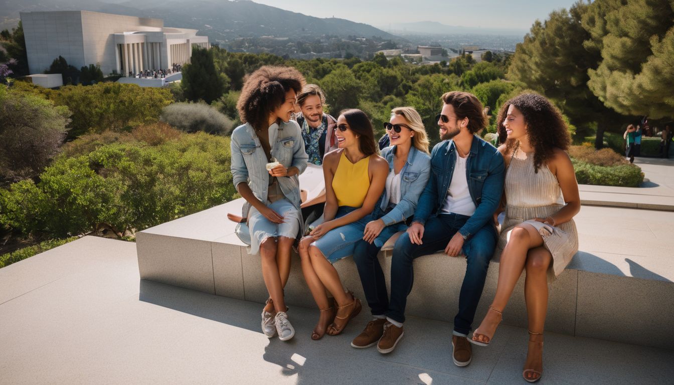 Eine Gruppe von Touristen erkundet das Getty Center und genießt die Kunst und Architektur.