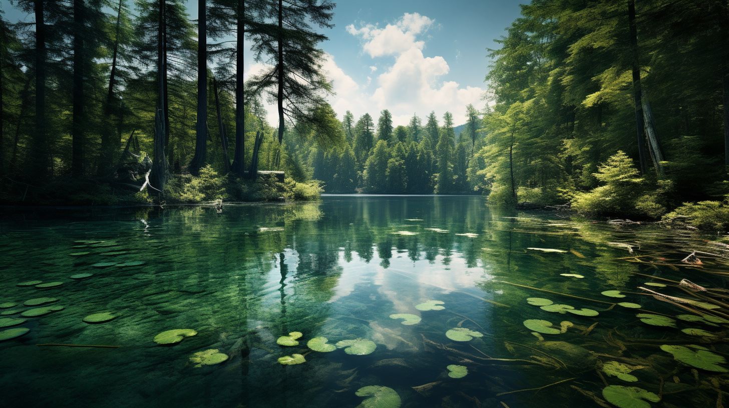 Das Foto zeigt einen idyllischen See umgeben von grüner Landschaft.