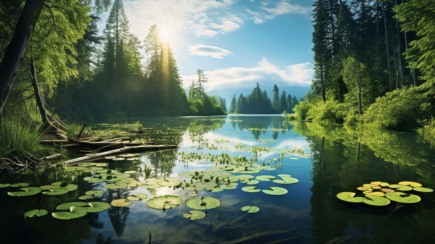 Das Foto zeigt einen idyllischen See umgeben von grüner Landschaft.