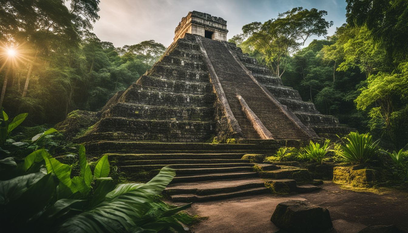 Eine Aufnahme eines antiken Maya-Tempels umgeben von üppigem grünen Dschungel.