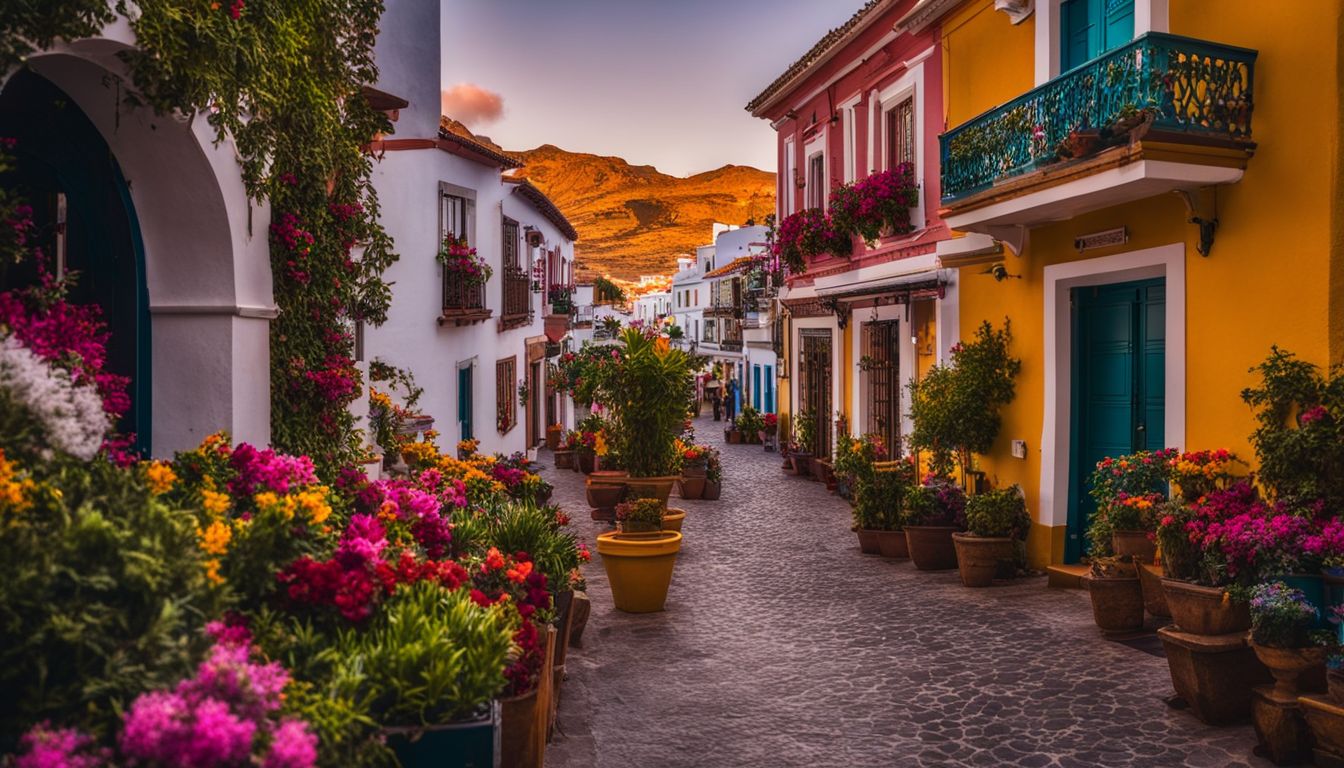 Ein Foto von Puerto de Mogán, einem bunten Dorf mit blumenübersäten Straßen.