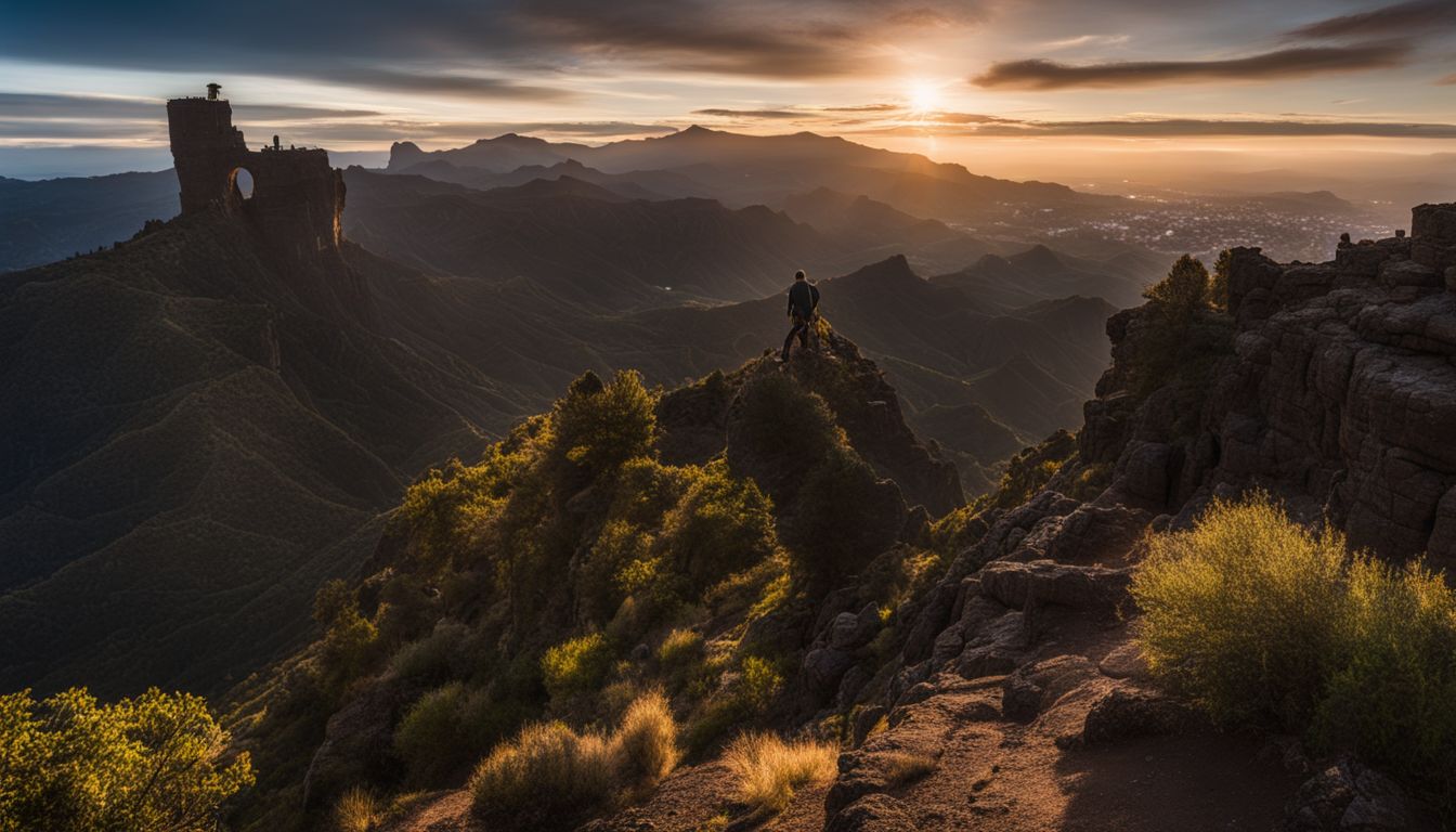 Ein Foto von Roque Nublo in Tejeda mit verschiedenen Menschen und Landschaft.