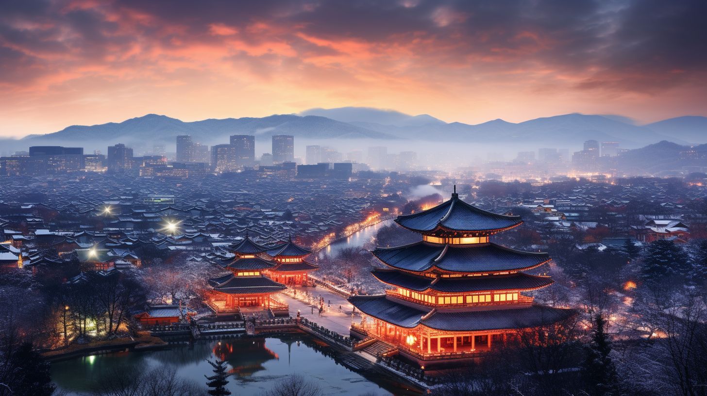 Seouls Top-Sehenswürdigkeiten in atemberaubender Luftaufnahme mit historischen Wahrzeichen.