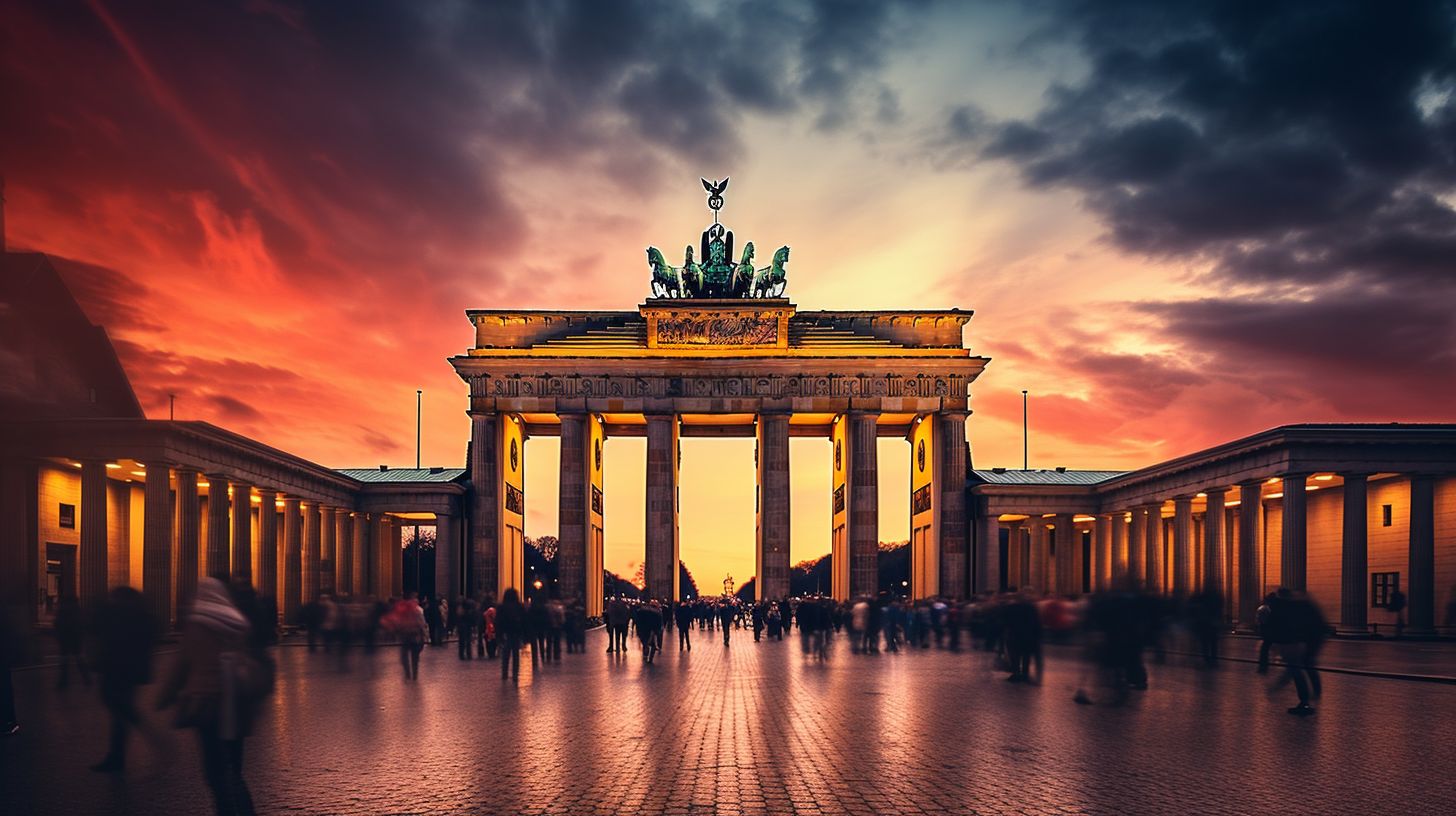 Das Foto zeigt das Brandenburger Tor in einem lebendigen Stadtbild bei Sonnenuntergang.