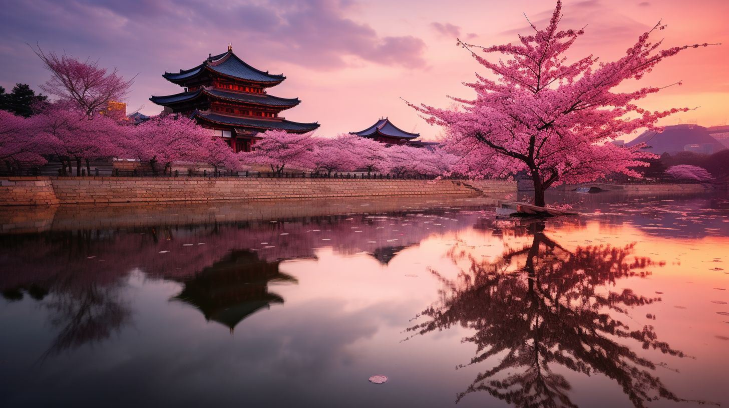 Die Fotografie zeigt das Gyeongbokgung-Palast bei Dämmerung, umgeben von Kirschblüten.