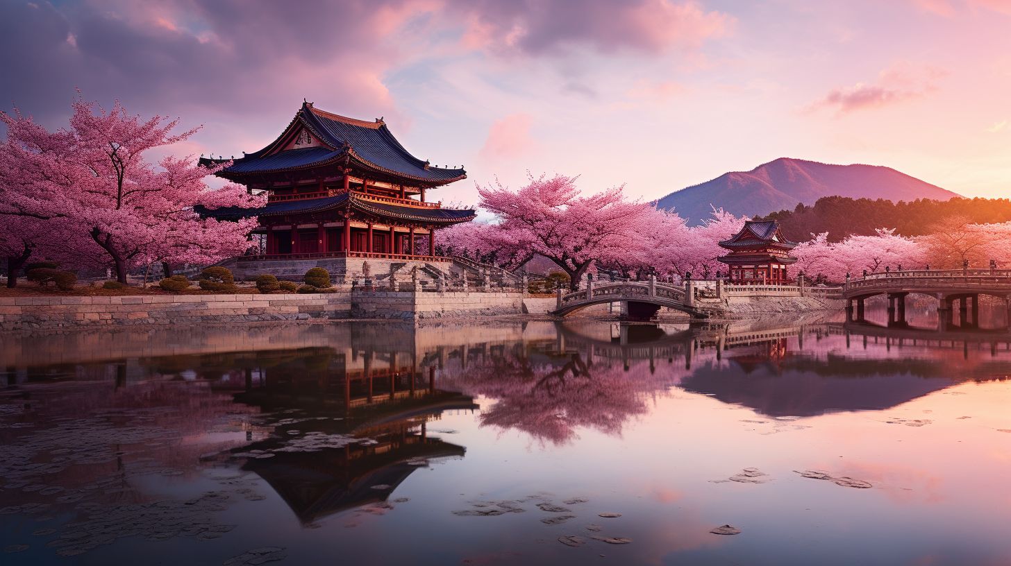 Die Fotografie zeigt das Gyeongbokgung-Palast bei Dämmerung, umgeben von Kirschblüten.