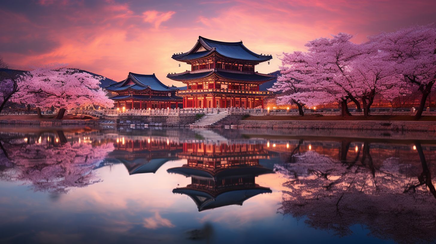 Die Fotografie zeigt das Gyeongbokgung-Palast bei Dämmerung, umgeben von Kirschblüten.