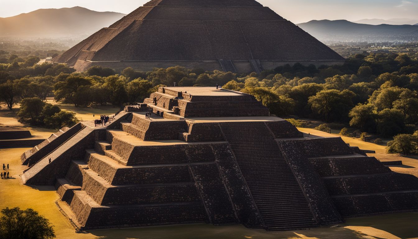 Ein Foto der Pyramide der Sonne in Teotihuacán mit einem klaren blauen Himmel im Hintergrund.