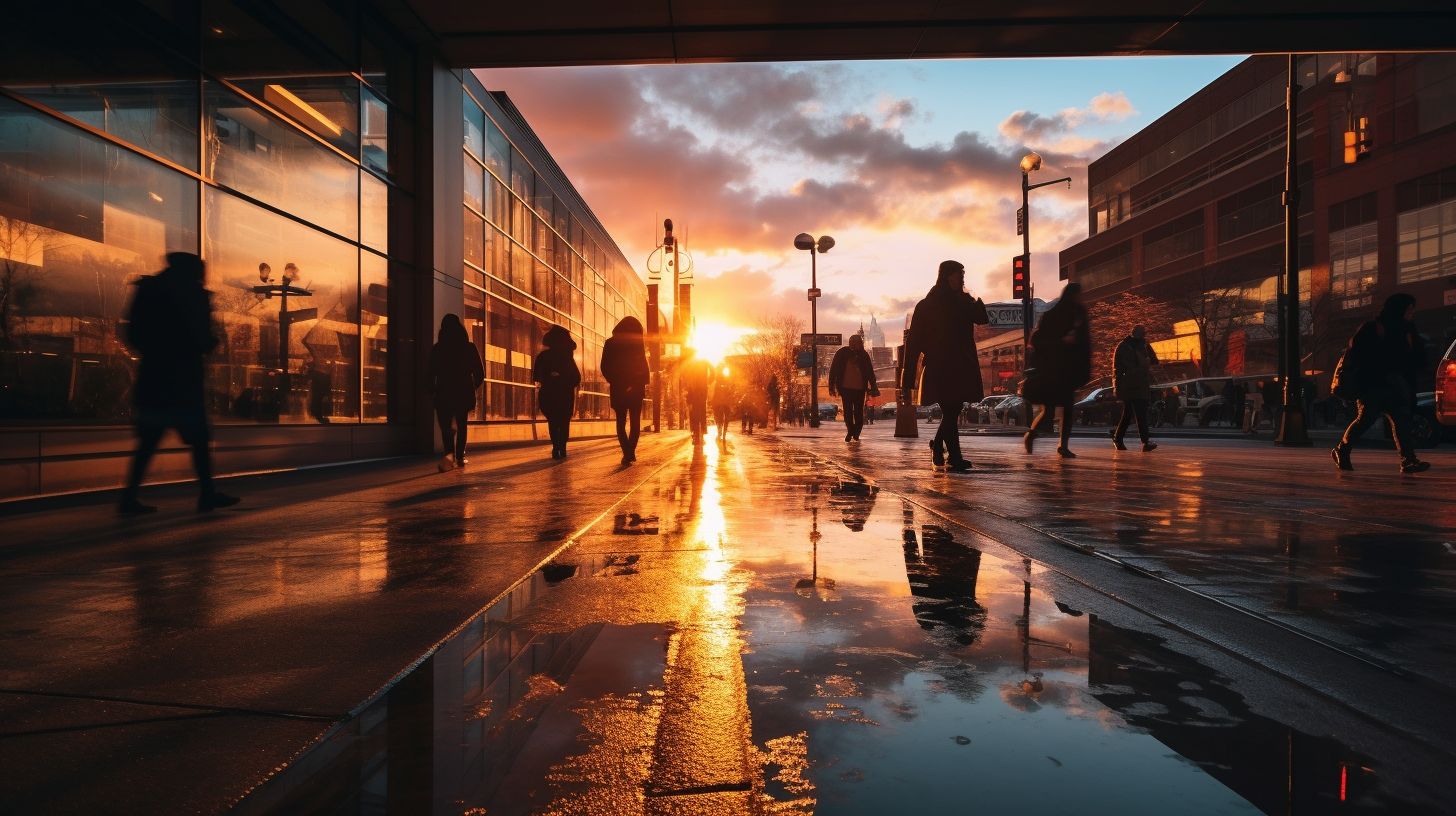 Eine Gruppe von Menschen erkundet eine belebte Stadt bei Sonnenuntergang.