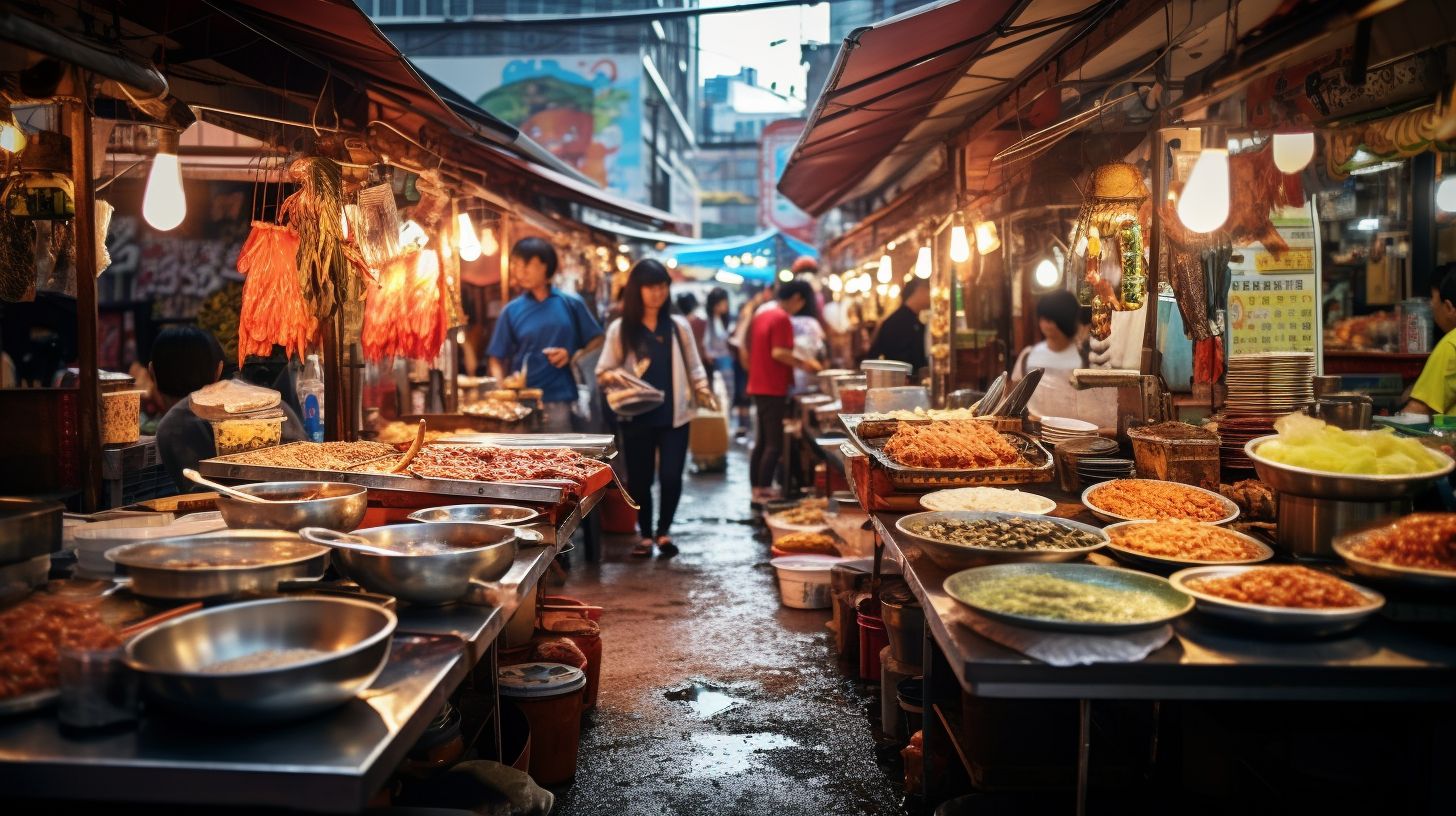 Ein Foto zeigt den belebten Gwangjang Market mit bunten Street-Food-Ständen.